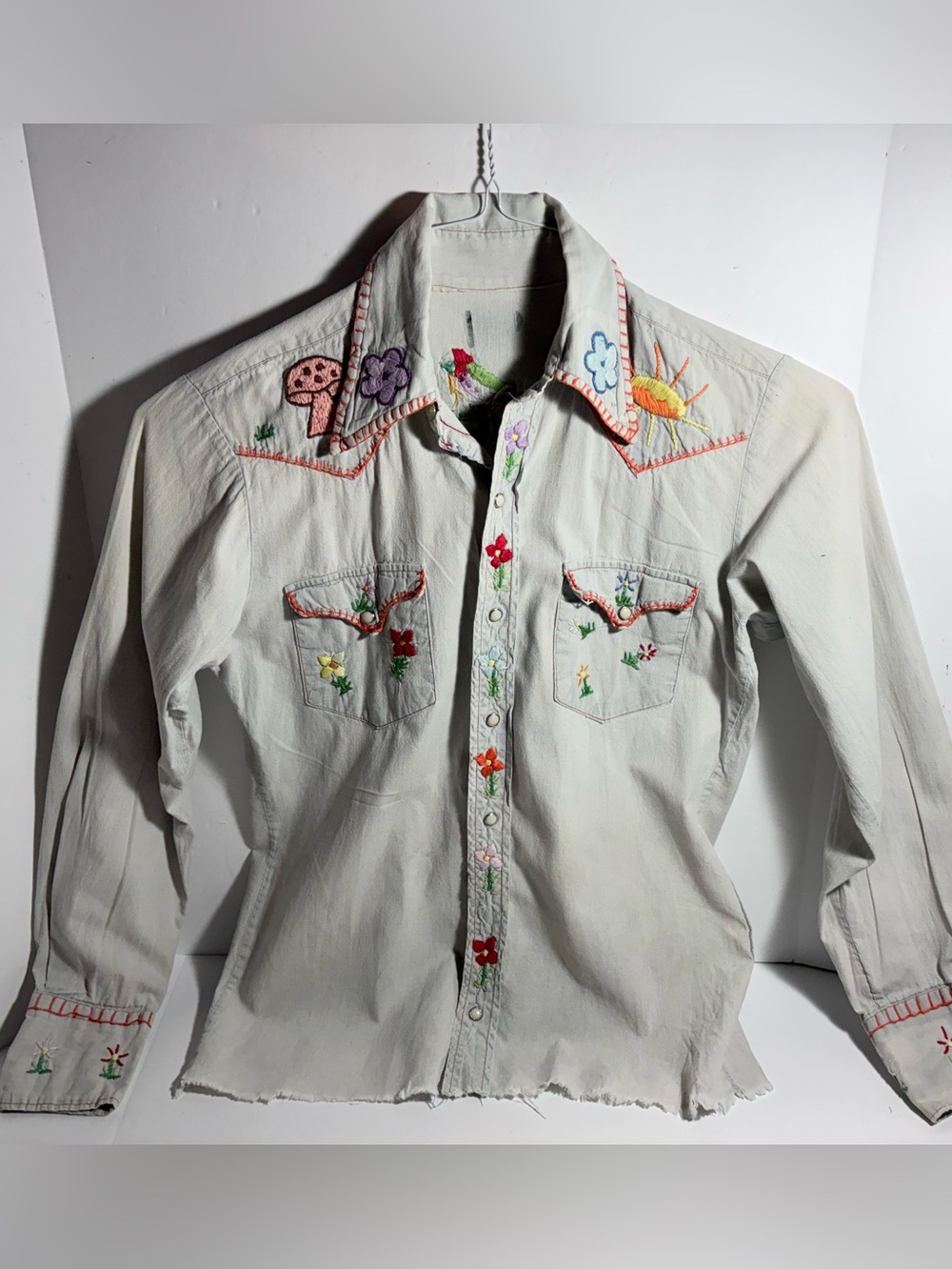 Vintage 1960s Hand Embroidered Hippie Pearl Snap Shirt Parrot Mushroom Folk Art